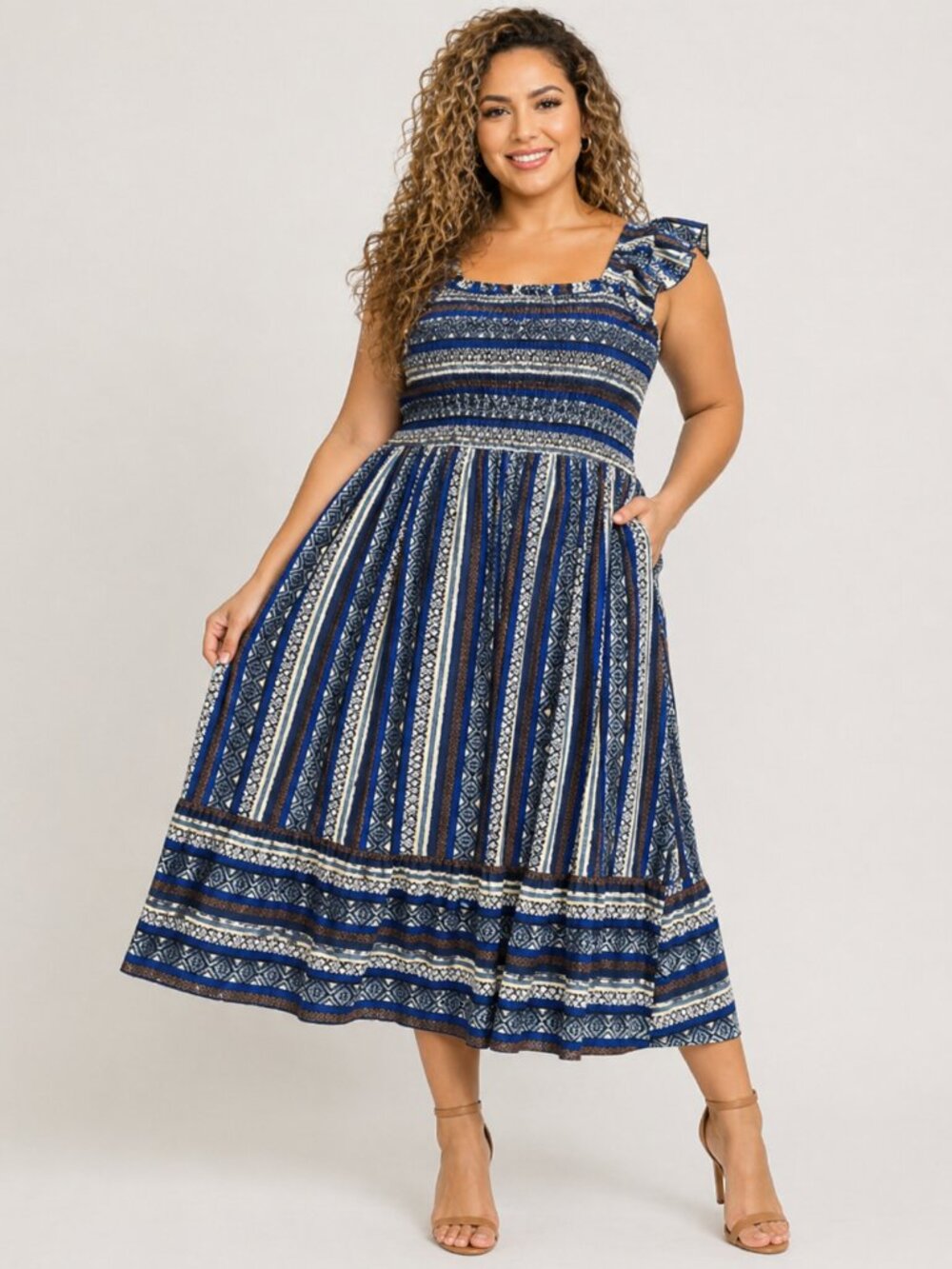 🛍️ 2/$50🛍️ BloomChic Blue Cream Brown Striped Maxi Dress Ruffle Straps
